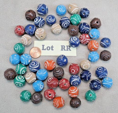 Wood Bead LOT 17mm Round Painted 2mm hole Multi Colors Embossed 53 Beads LOT RR