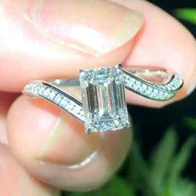 2.70 CTW Emerald Cut Moissanite Twisted Engagement Ring 14K White Gold Plated