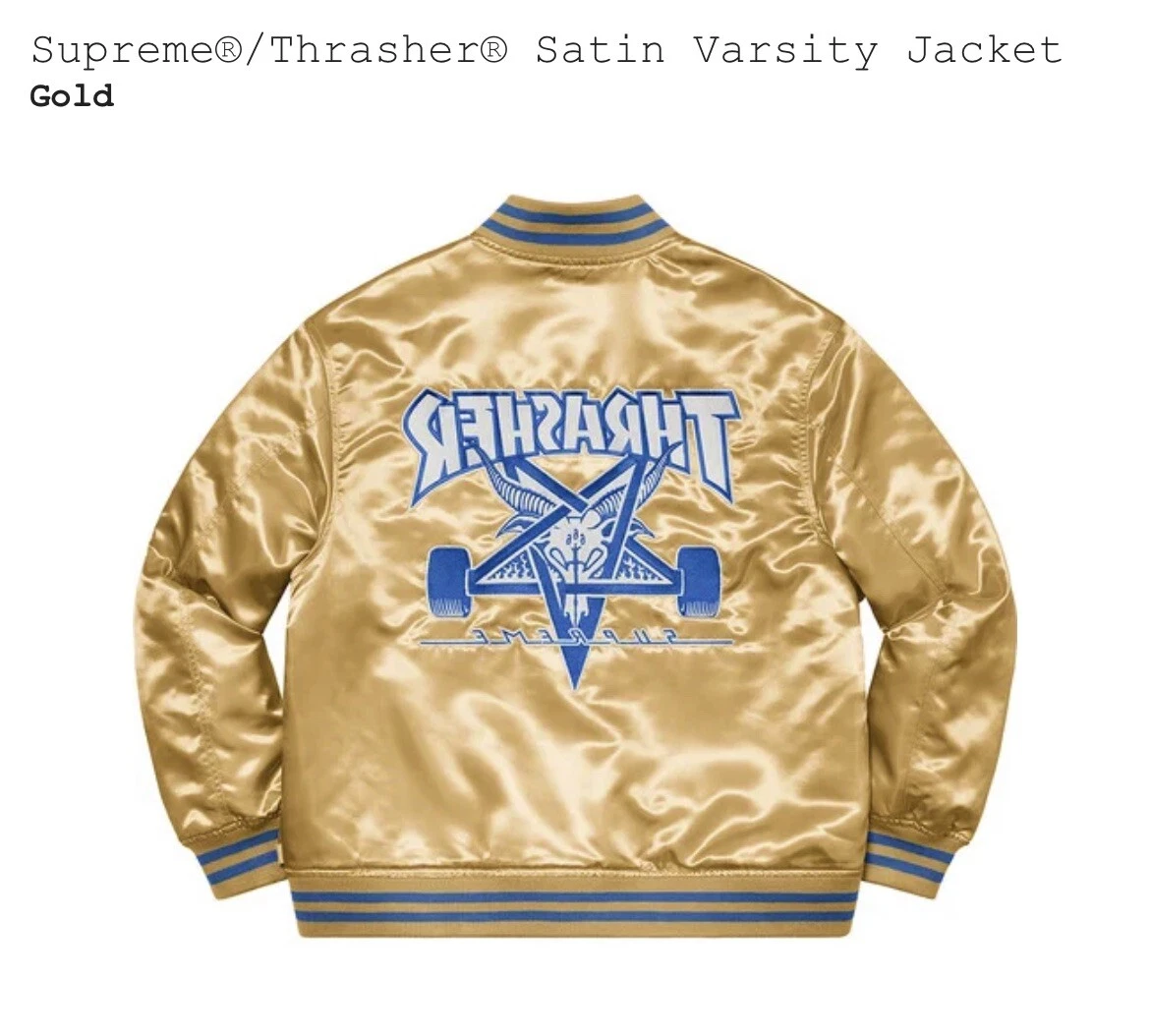 Veste universitaire Supreme x Thrasher or satiné flambant neuve   taille moyenne   FW21