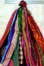 ON 12 yards Unstitched Recycled PURE Silk Sari Ribbon Yarn tassels MIXED SKEINS