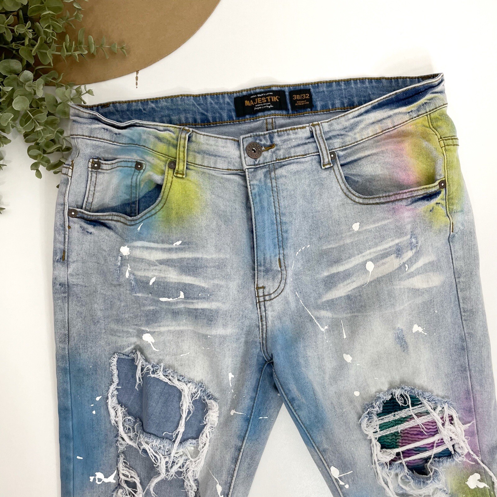 MAJESTIK•mens stacked ripped paint splatter jeans Gem