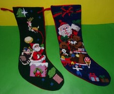 Needlepoint Velvet Back Christmas Stockings Santa on Train Santa n Chimney 18"