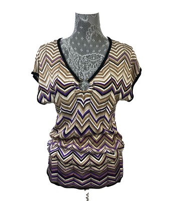 Cache Top Chevron Knit Career Womens Work Black Brown New Size XS