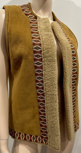 TALITHA Tan 100% Lamb Shearling Suede Aztec Trim Sleeveless Gilet Jacket UK10 - 第 1/7 張圖片
