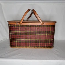 Vintage Redmon Peru Indiana Red Plaid Picnic Basket Metal Handles wood MCM