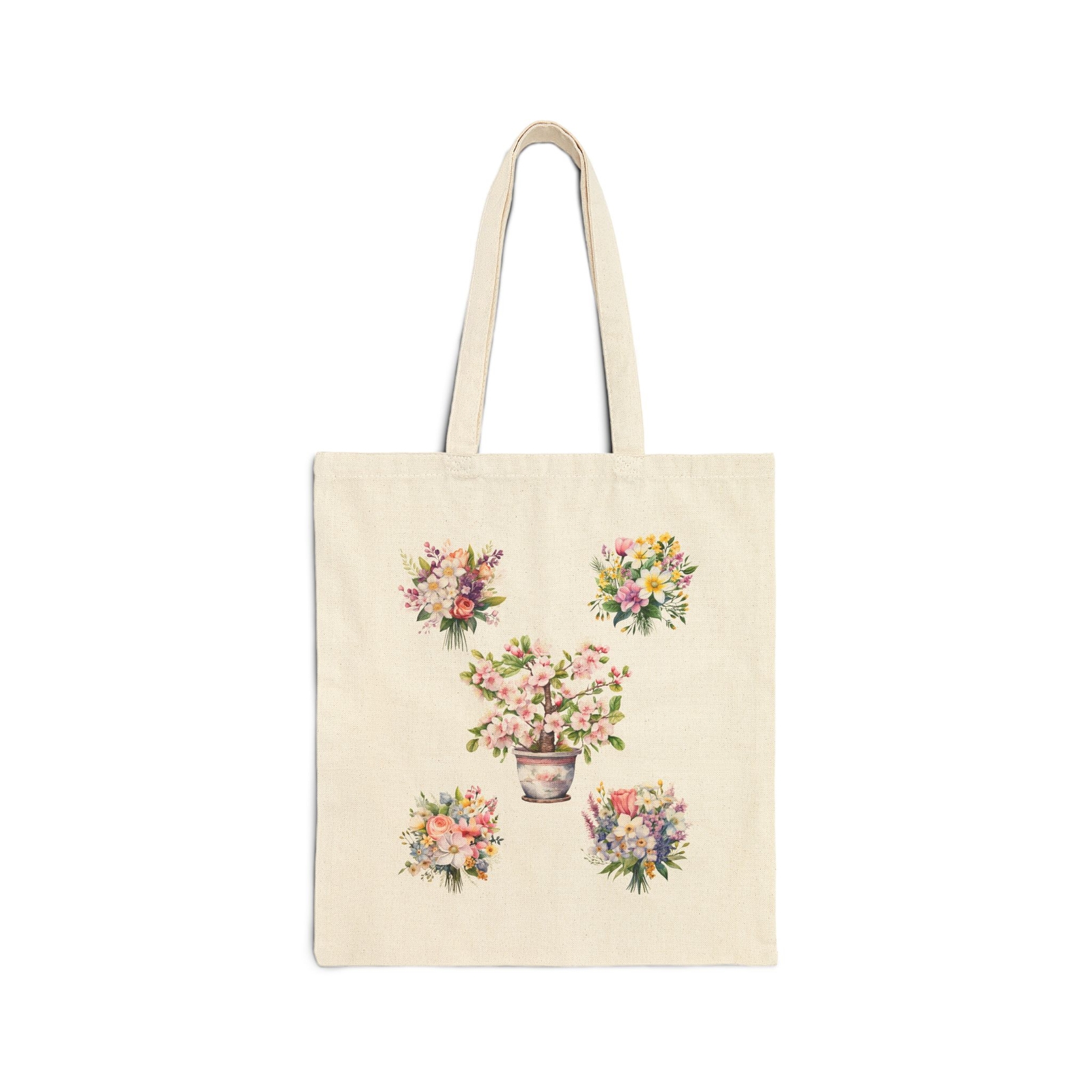 Spring Floral Cotton Canvas Tote Bag - Eco Friendly 15x16 Reusable Shopping Bag