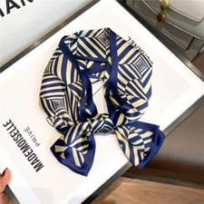 100% Mulberry Silk Rectangle Scarf Women Beige Blue Geometric Neckerchief 150*15