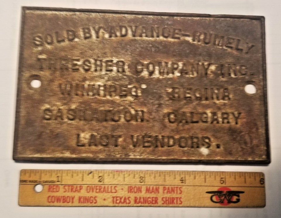 Vintage Advance Rumely Thresher Company Heavy Steel Plate Embossed