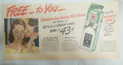 Jergens Lotion Ad: Jergens Lotion Free To You !  1940's Size: 7.5 x 15 inch