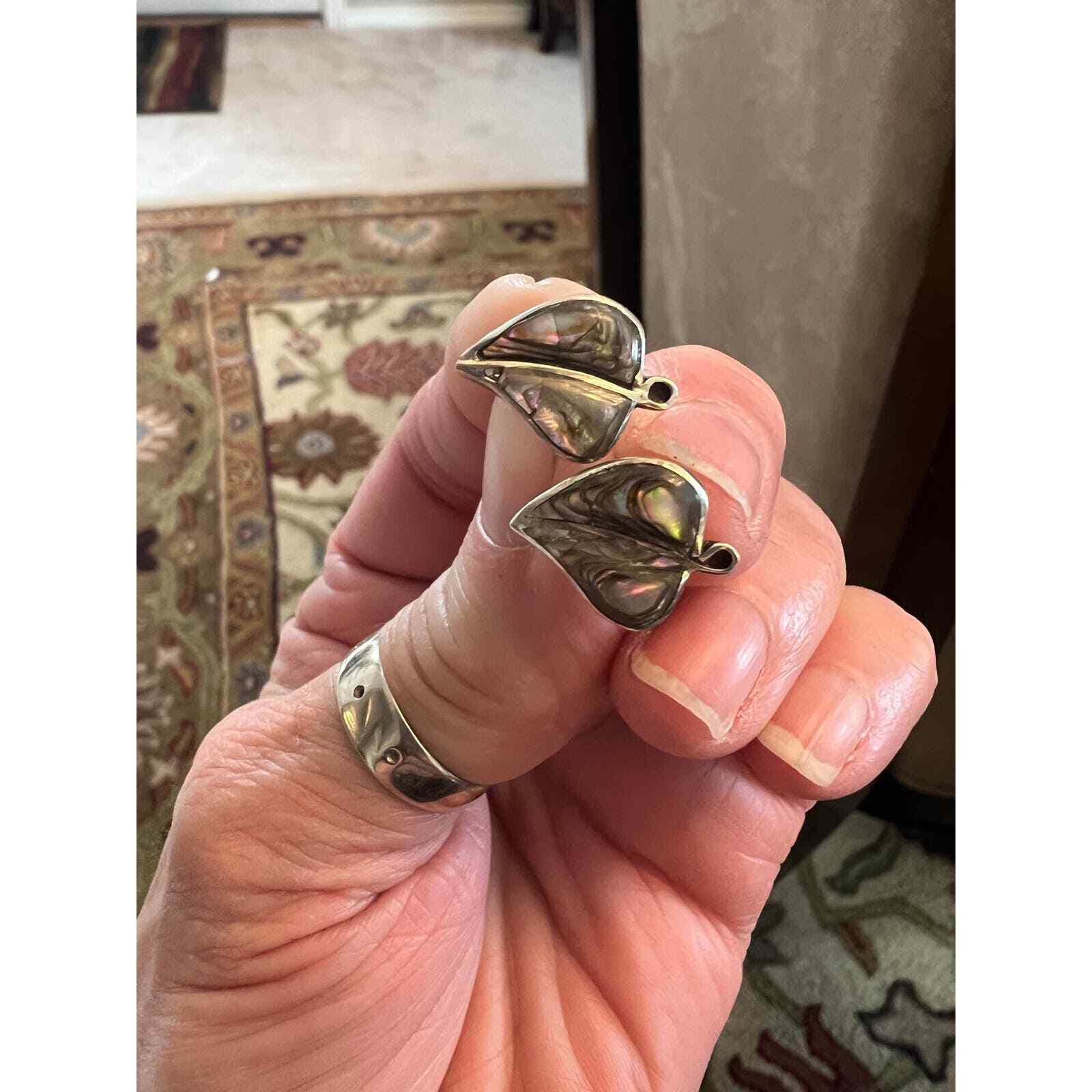 Vintage Silver Abalone Leaf Shape Post Earrings - image 1