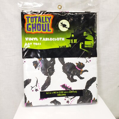 #ad Retro 2009 KMart Halloween Black Cat Toss Vinyl Tablecloth Oblong 52quot;x90quot; $19.99