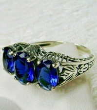 Sapphire Ring, Simulated Gem, Cocktail Ring Sterling Silver Filigree D41