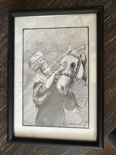 Pair Vintage Mongolian Mongolia Original Pencil Art Drawings Signed Horse Woman - Picture 21 of 24