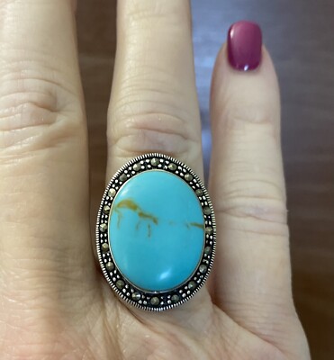 STERLING OVAL FAUX TURQUOISE & MARCASITE STATEMENT RING SIZE 7.25