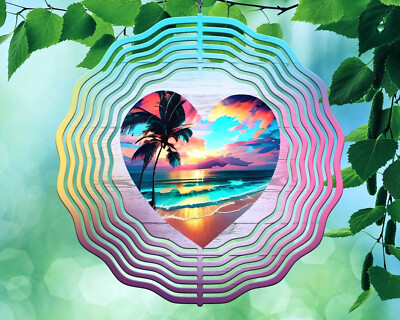 10'' Ocean Island Sunset Heart Wind Spinner Yard Decor 3D Kinetic rws083