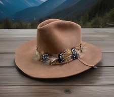 Fast Eddie s Aspen Brown Fur Felt Western Fedora Hat Feather Band Size 7