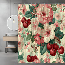 Cherry Blossom Floral Shower Curtain, Pink Flowers and Cherries Print