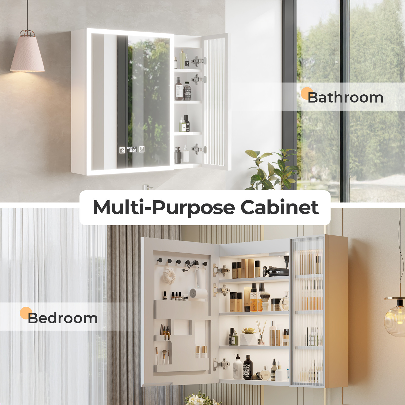 28x28" LED Mirrored Medicine Cabinet for Bathroom w/ USB Power Outlet Wall Mount