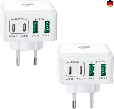 2-Pack USB-C Ladegerät, 4 Ports Schnellladegerät PD 3.0 Power Adapter 40W M
