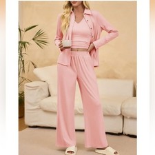 3 Piece Pajama Set Long Sleeve Shirt V Neck Tank Top Wide Leg Pants LoungeSet XL