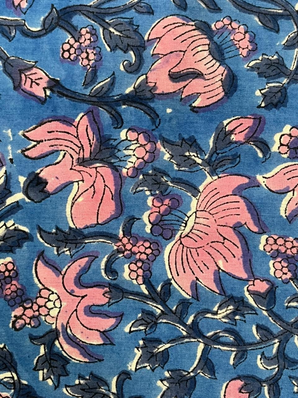 Traditional Floral Hand Block Printed 100% Cotton Fabric - 5 Yards