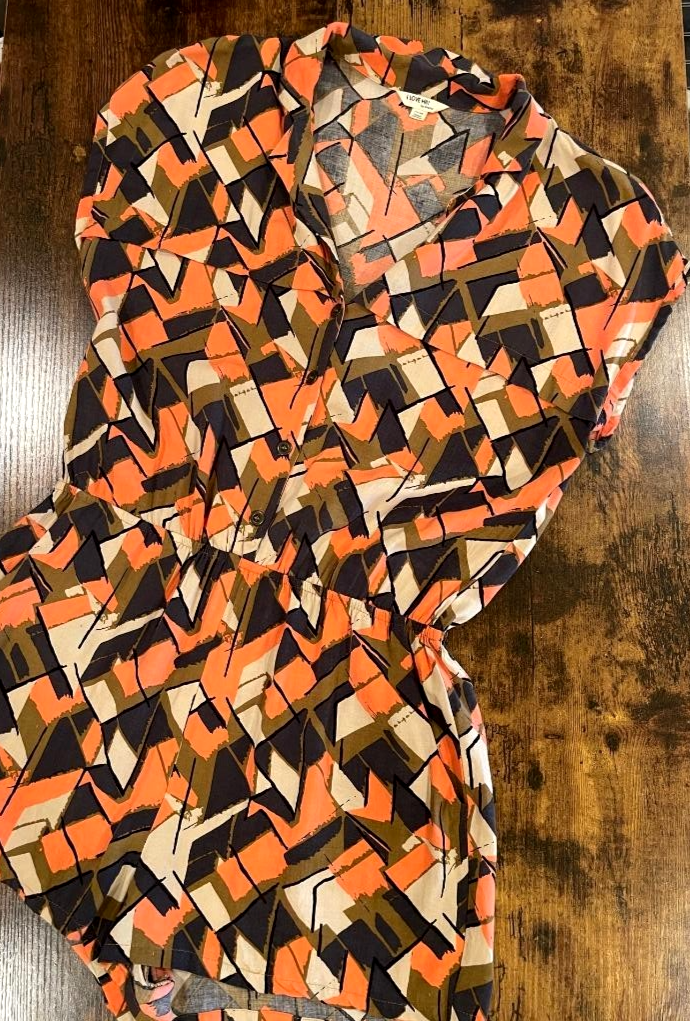 I Love H81 Womens Multicolored Collared Short Sleeve Romper with pockets SZ M