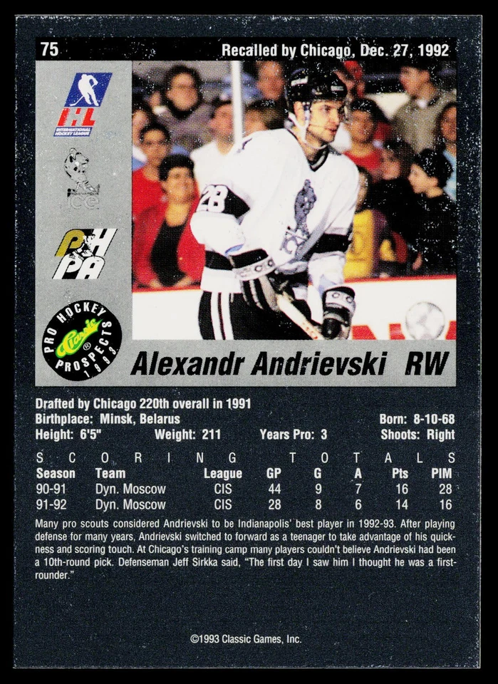 1993 Classic Pro Prospects #75 Alexandr Andrievski Indianapolis Ice - Image 2 of 2