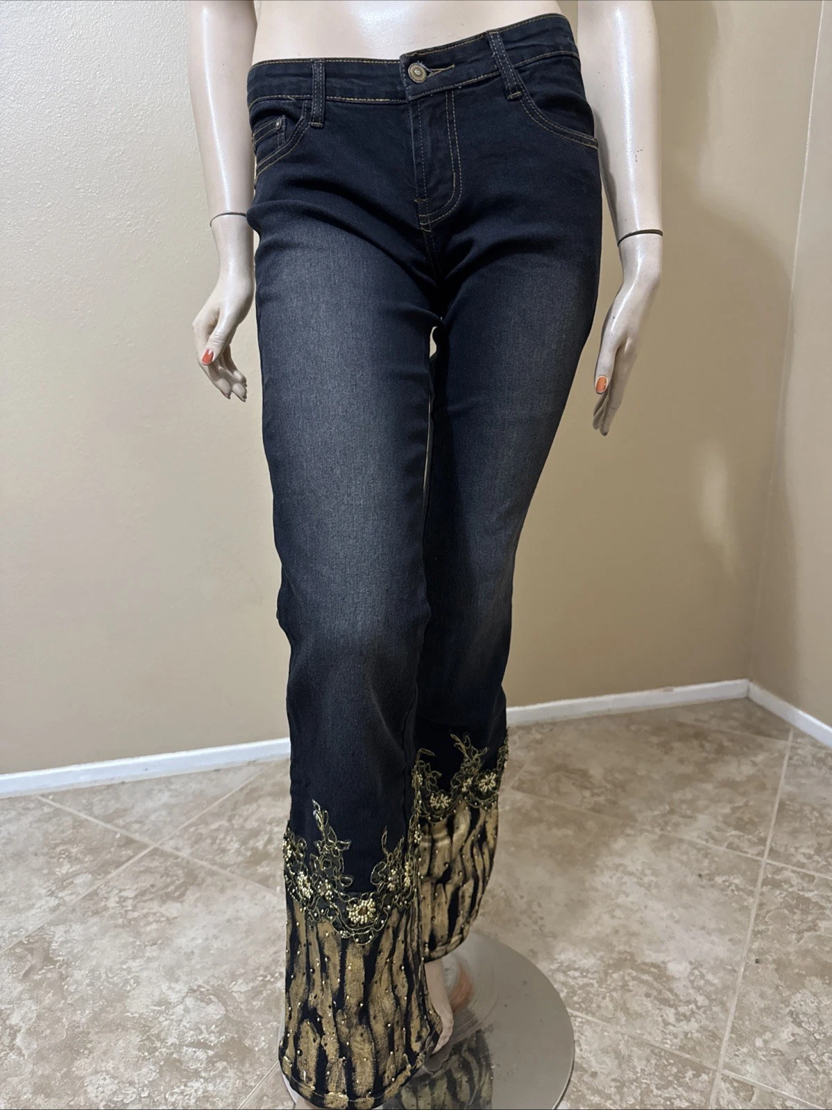 Women’s Black Cotton Denim Casual Stretch Slim Flared Zipper Size S Pants 211