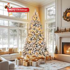 8FT Pre-lit Snow Flocked Christmas Tree Artificial Hinged Xmas Tree w/500 Lights
