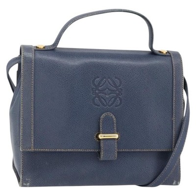 LOEWE Hand Bag Leather 2way Navy Gold Auth YKZ1337A