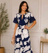 Lipsy Size 8 Leila Floral Print Navy Asymmetric Hem Midi Keyhole Detail Dress