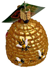 Spring Summer Glass Bee Skep Beehive Ornament Holiday Old World Christmas NEW