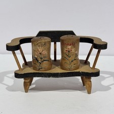 Vintage Wooden Bench Salt & Pepper Shaker 3 Piece Set Hand Painted Flowers