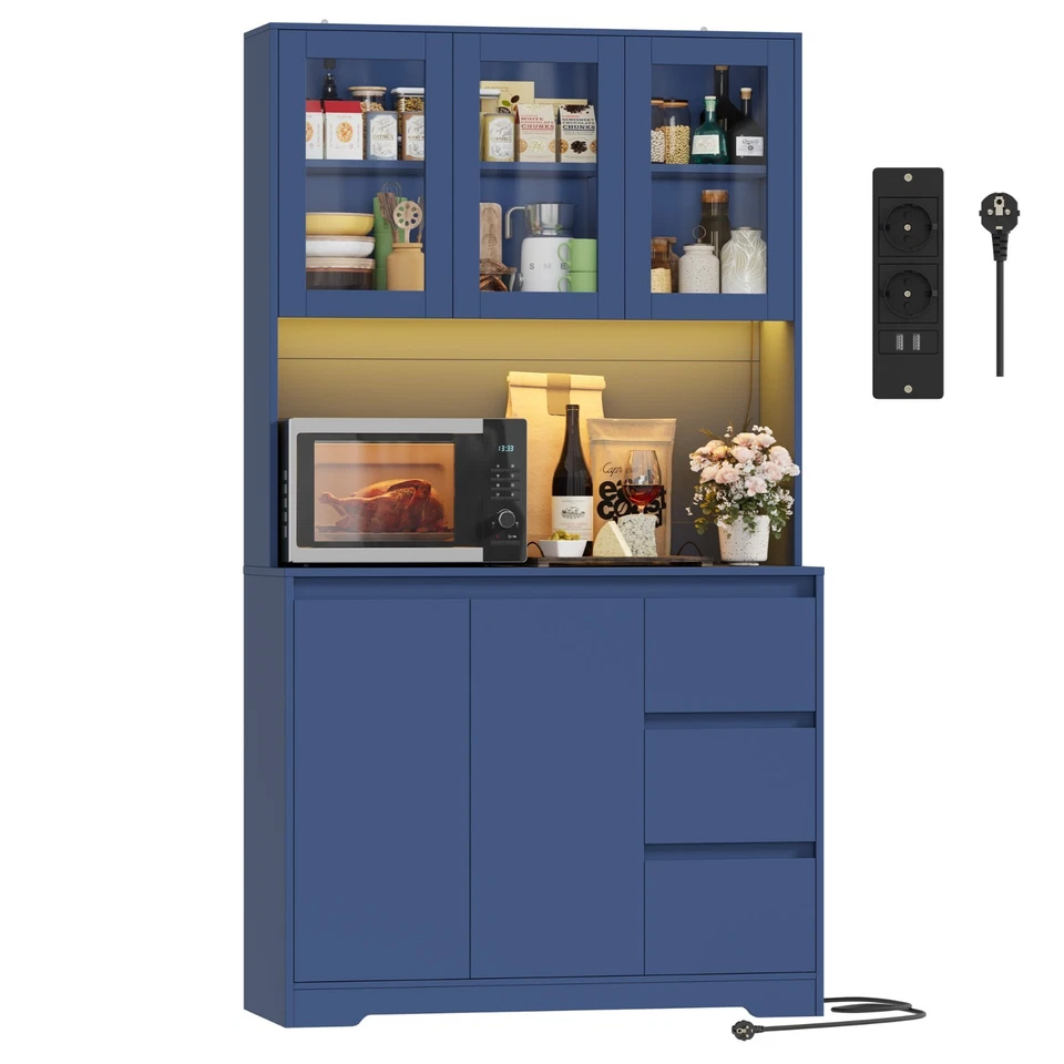 Buffet Haut avec LED et Multiprises Meuble Cuisine Rangement Portes vitrée - Photo 4/4