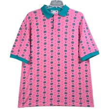 Vintage Reeds Mens XL Pink Teal Geometric Combed Cotton Polo Shirt Made in USA