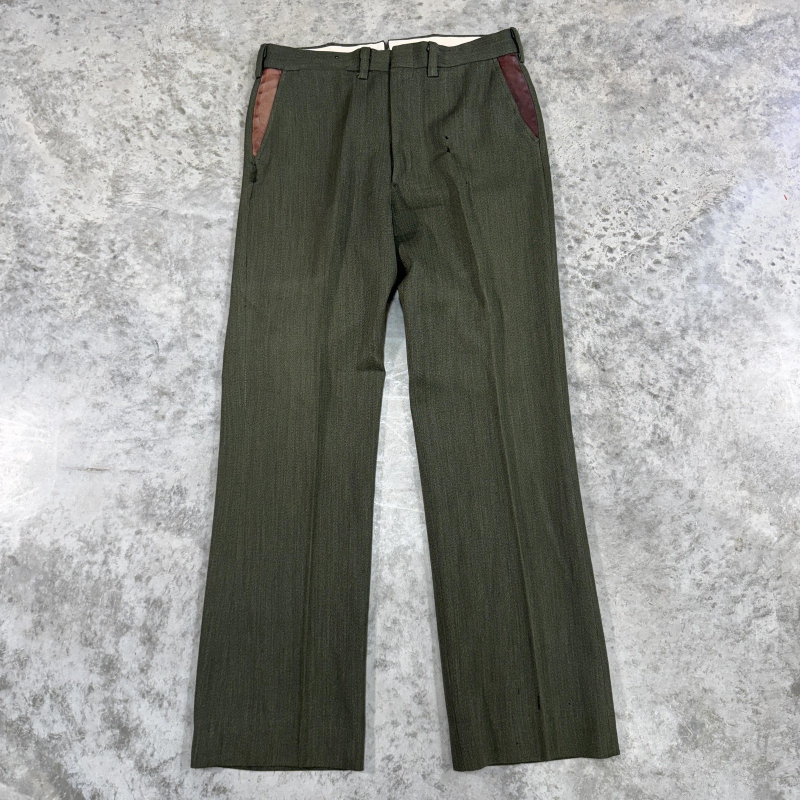 Vintage LL Bean Pants Mens 32x36 Green Wool Talon Zip Flap Pockets Dress 70s