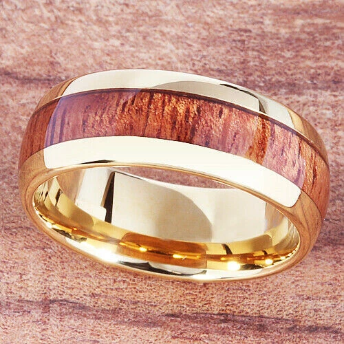 Anillos de boda eBay para hombre. Alianza de boda abovedada de tungsteno de oro amarillo y madera de koa de 8 mm Foto 2 de 4