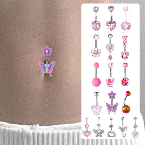 Butterfly Heart Belly Button Rings Sexy Navel Rings Drop Dangle Body Jewelry T-❤ - Foto 1 di 37