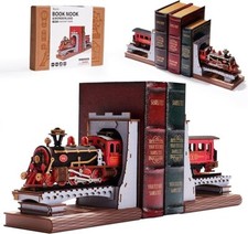 ROBOTIME 3D Puzzles DIY Book Nook Kit Wooden VintageTrain Decorative Bookends