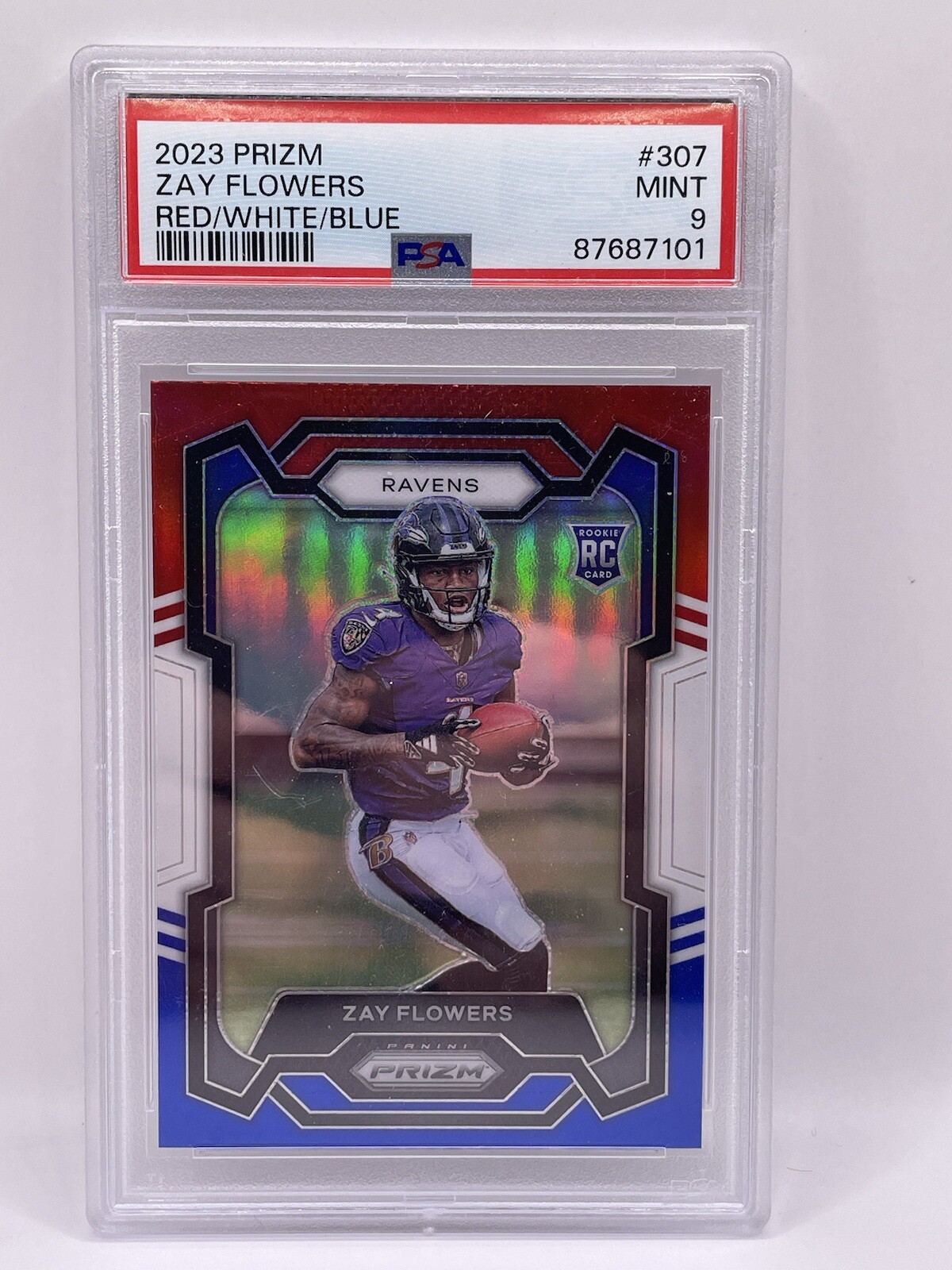 2023 Panini Prizm Zay Flowers Red/White/Blue #307 PSA 9 Ravens RC Mint.