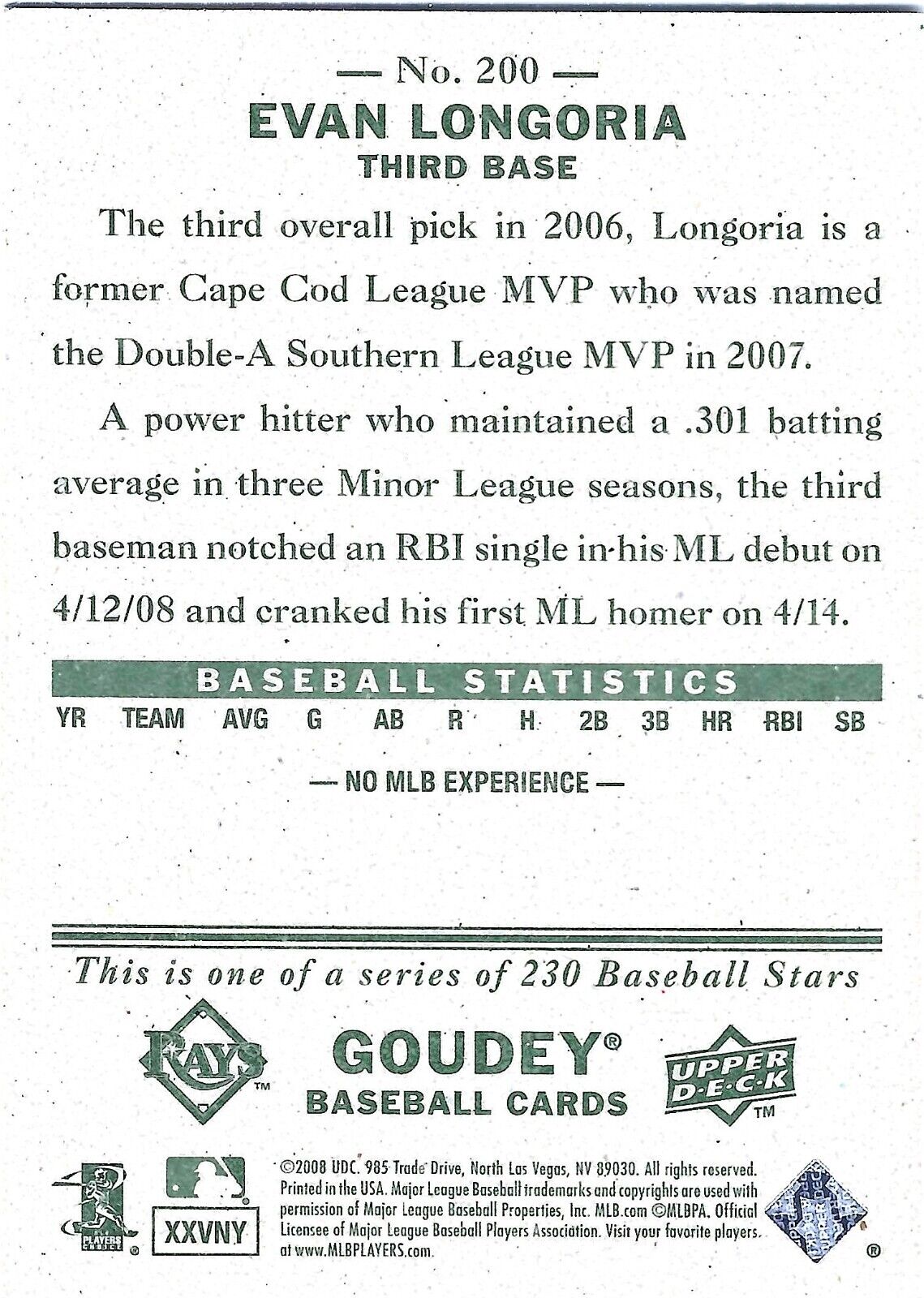 Evan Longoria 2008 Upper Deck Goudey Series Mint Rookie Card #200