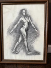 Pencil Drawing Sketch Nude Woman Original Art signed and Framed 13 3/4"x17 3/4"