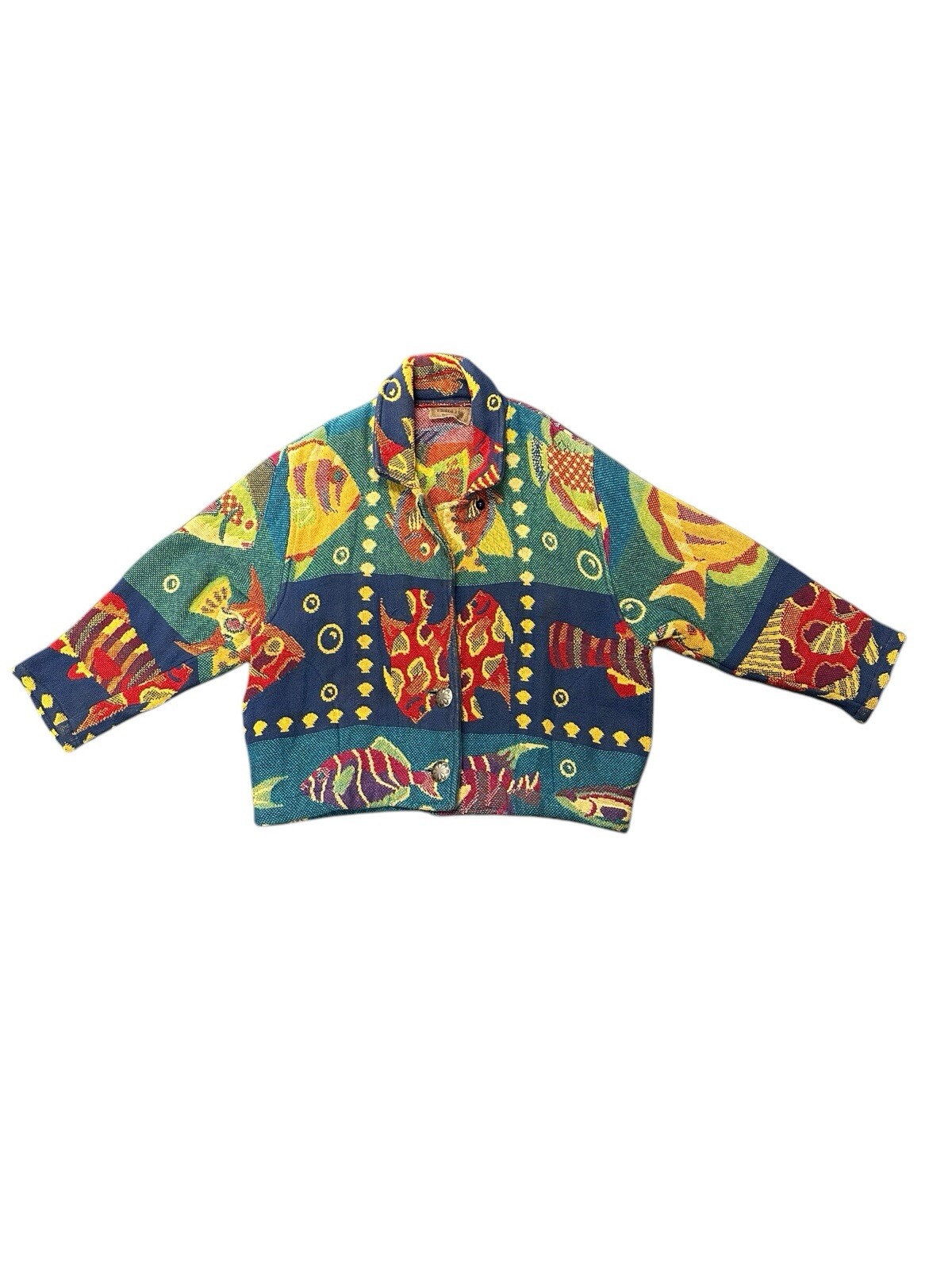 Giacca vintage dipinta pony donna grande pesce acqua mare made in USA tutto cotone EUC