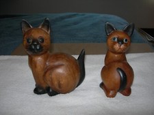 2 Vintage Hand Carved Cat Kittens Figurines Wooden Home Decor