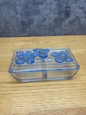 Vintage Covered  Hand Painted Glass Divided Trinket Dish W/ Blue Flowers