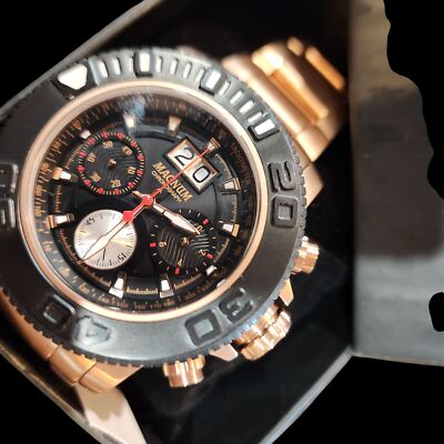 Magnum Chronograph Mens Watch With Rose Gold Stainless Steel Band & Black Bezel.