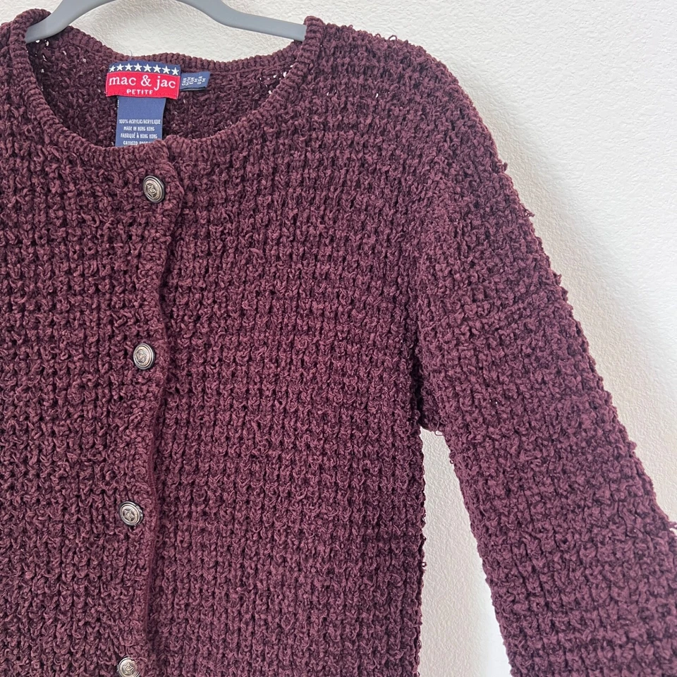 Cárdigan vintage Mac & Jac tejido abierto con botones para mujer mediano pequeño borgoña Foto 2 de 4