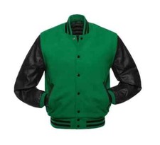 Green Wool Black Leather Sleeve Varsity Jacket Letterman Baseball Bomber College