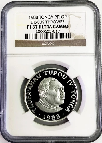 1988 PLATINUM TONGA 10 PA'ANGA  DISCUS THROWER NGC PROOF 67 ULTRA CAMEO
