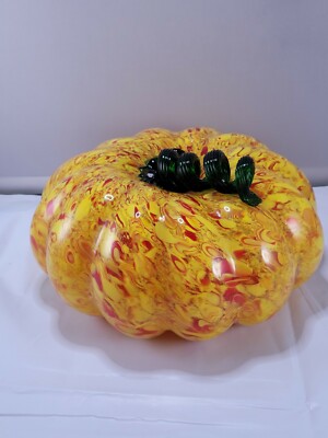 Hand Blown Art Glass Sculpture Pumpkin w/ Swirl Stem -Thanksgiving Fall Decor